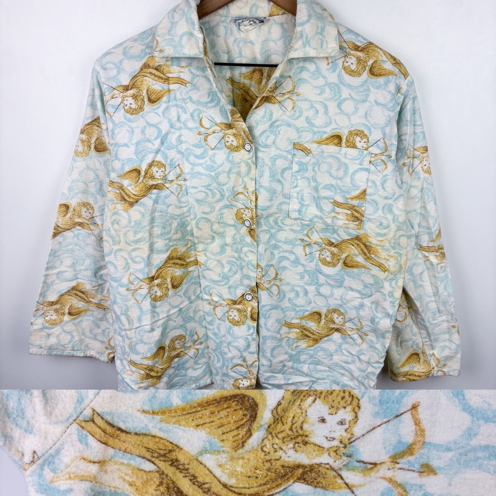 Vintage Cupid Cherub Angel Baby Celestial Print Button Down Shirt Cotton Medium